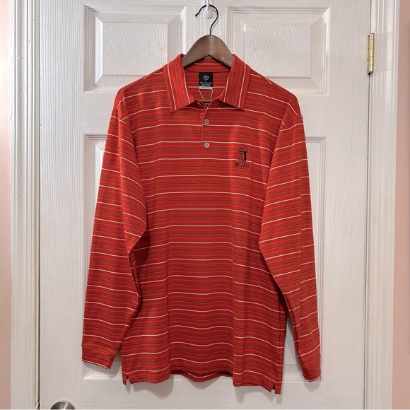 NIKE Golf Dri-Fit UV Long Sleeve Polo Shirt TPC Myrtle Beach Red Stripe Medium - Picture 1 of 11